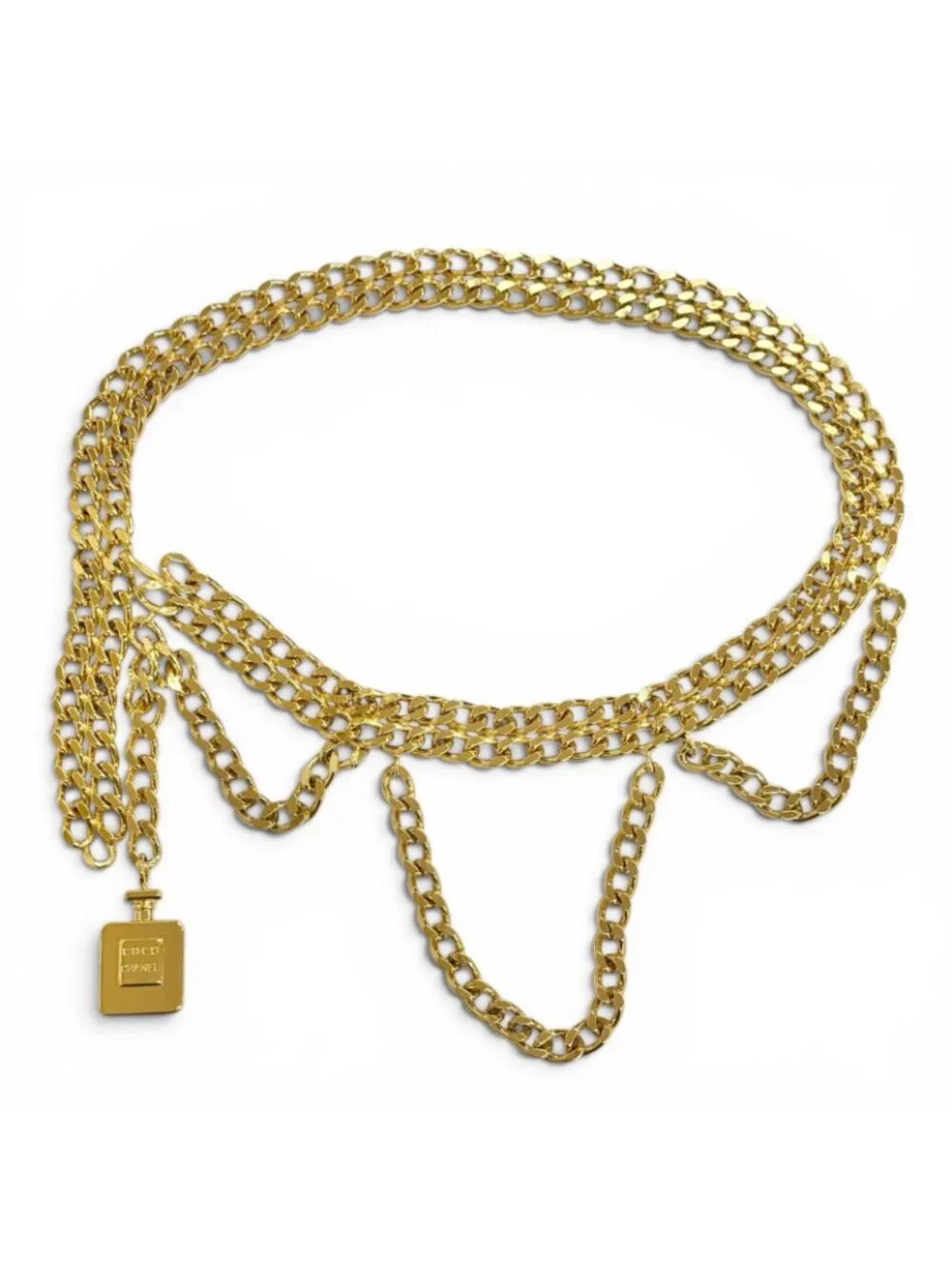 Chanel Logo Perfume Bottle Charm Double Chain Belt 81 Gold Gorgeous